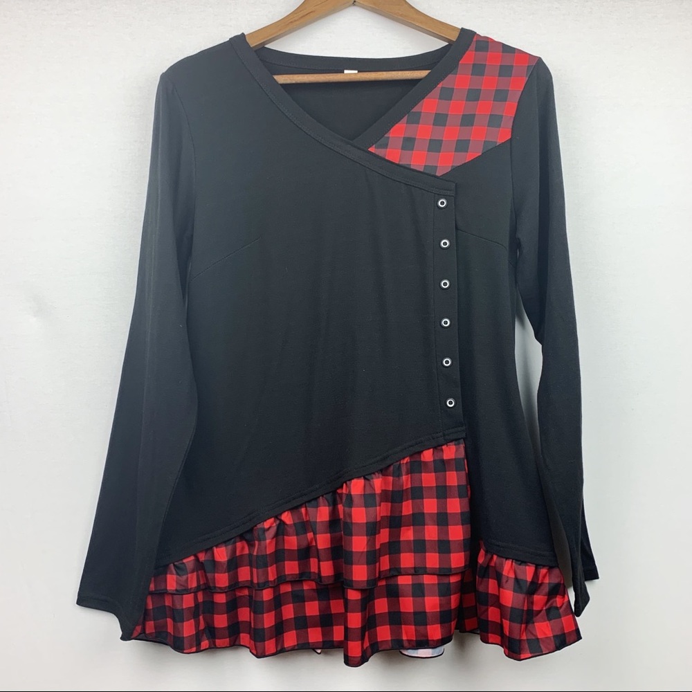Gingham Faux Button Wrap Top Layered Ruffle NWOT